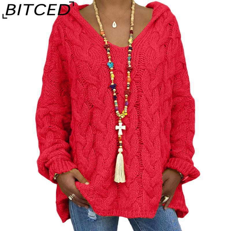 BITCED Fall/Winter Solid Color Cable-Knit Hoodie Sweatshirt for Women