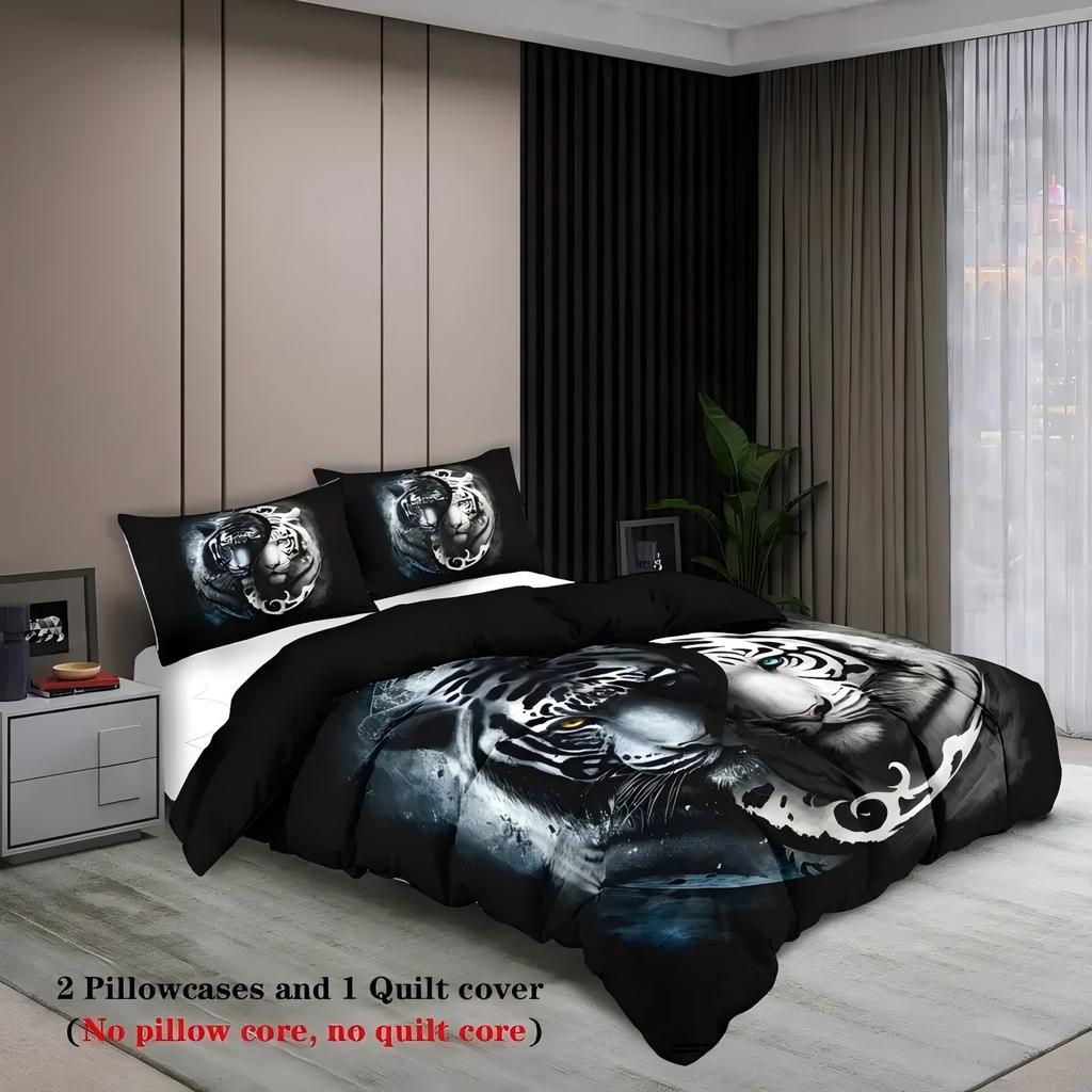 Black White Tigers Pattern 3D Printed Duvet Cover Set Soft Comfortable Bedding Set Wildlife Style Quilt Cover Set Pillowcases
