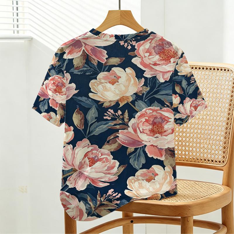 Elegant Floral Short Sleeve Tops Soft Fabric,Relaxed Fit for Daily Wear,Casual Vacations & Light Sports