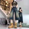 Women's High Waist Vintage Washed Wide Leg Bermuda Shorts Loose Straight Denim Capri Pants Streetwear Calf Length Trousers