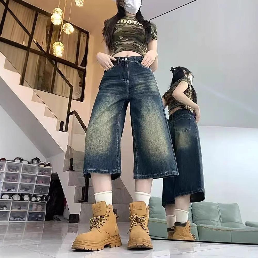 Women's High Waist Vintage Washed Wide Leg Bermuda Shorts Loose Straight Denim Capri Pants Streetwear Calf Length Trousers