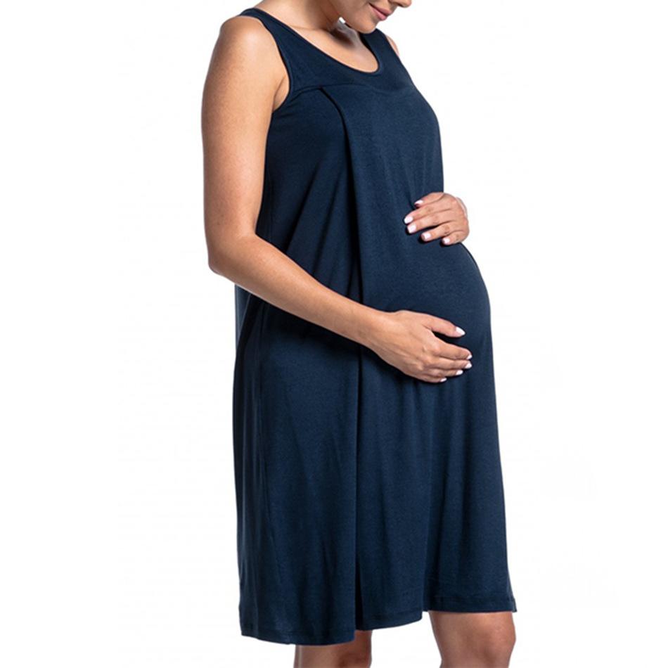 Women's Sleeveless Round Neck Maternity Nursing Dress Loose A Line Midi Pregnancy Nightgown