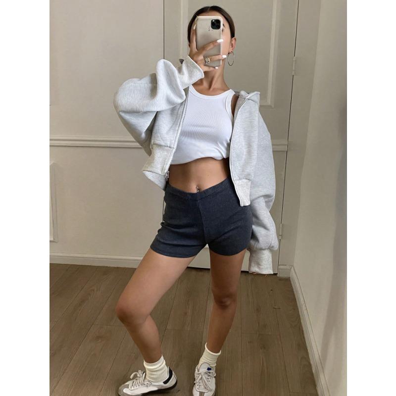 Women Short Zip Up Hooded Cardigan Batwing Sleeve Loose Streetwear Solid Color