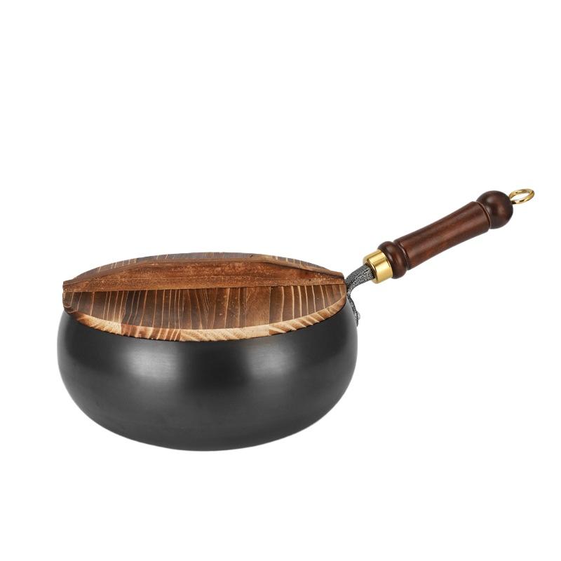 Japanese Style Uncoated Iron Pot with Wooden Handle Deep Wok with Wooden Lid Non Stick Cast Iron Saucepan for Cooking Soup Milk Noodles