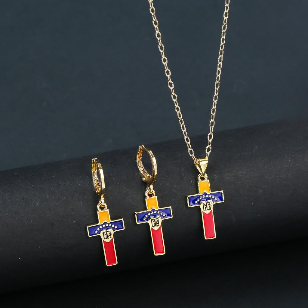Fashion Venezuela Flag Cross Zircon Set Classic Cactus Flower Earrings Necklace Charming for Woman Daily Party Zircon Gift