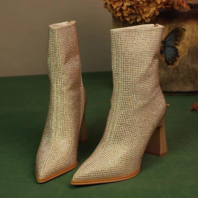 Krystall Dame Ankelstøvletter Spiss Tå Designer Elegante Høyhælssko 2025 Trend Mote Chunky Pumps Goth Chelsea Botas Mujer