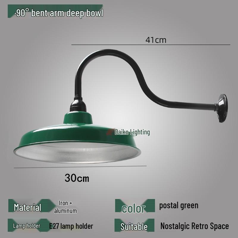 Vintage Military Green Outdoor Curved Pole Street Light, Waterproof Industrial-Style Lampshade for Doorway or Farmhouse Wall