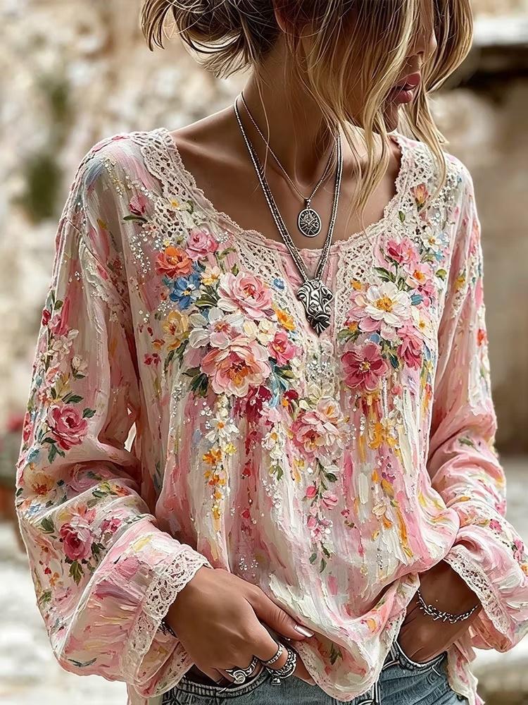 Camicetta da Donna Scollo a V Manica Lunga Vestibilità Regolare Casual Stampa Floreale Camicia Boemia