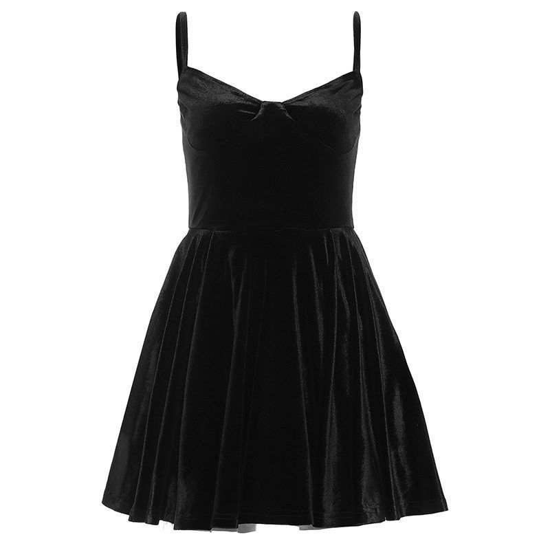 

Elsa European and American Autumn and Winter New Retro Elegant Velvet Backless Waist Trimming Slim Looking V-neck Strap Dress Dress for Women Black S