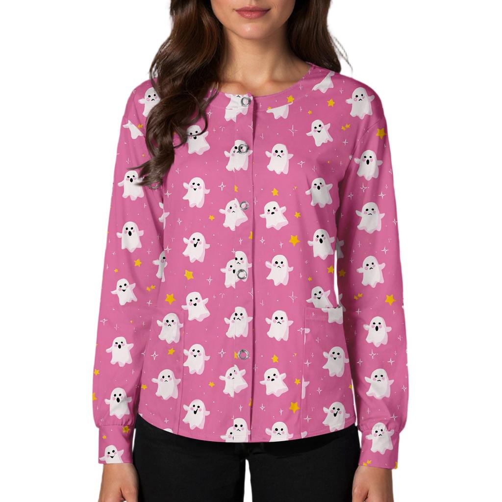 Women's Casual Fashion Single Breasted  Halloween Graphic Printed Nurses Tops