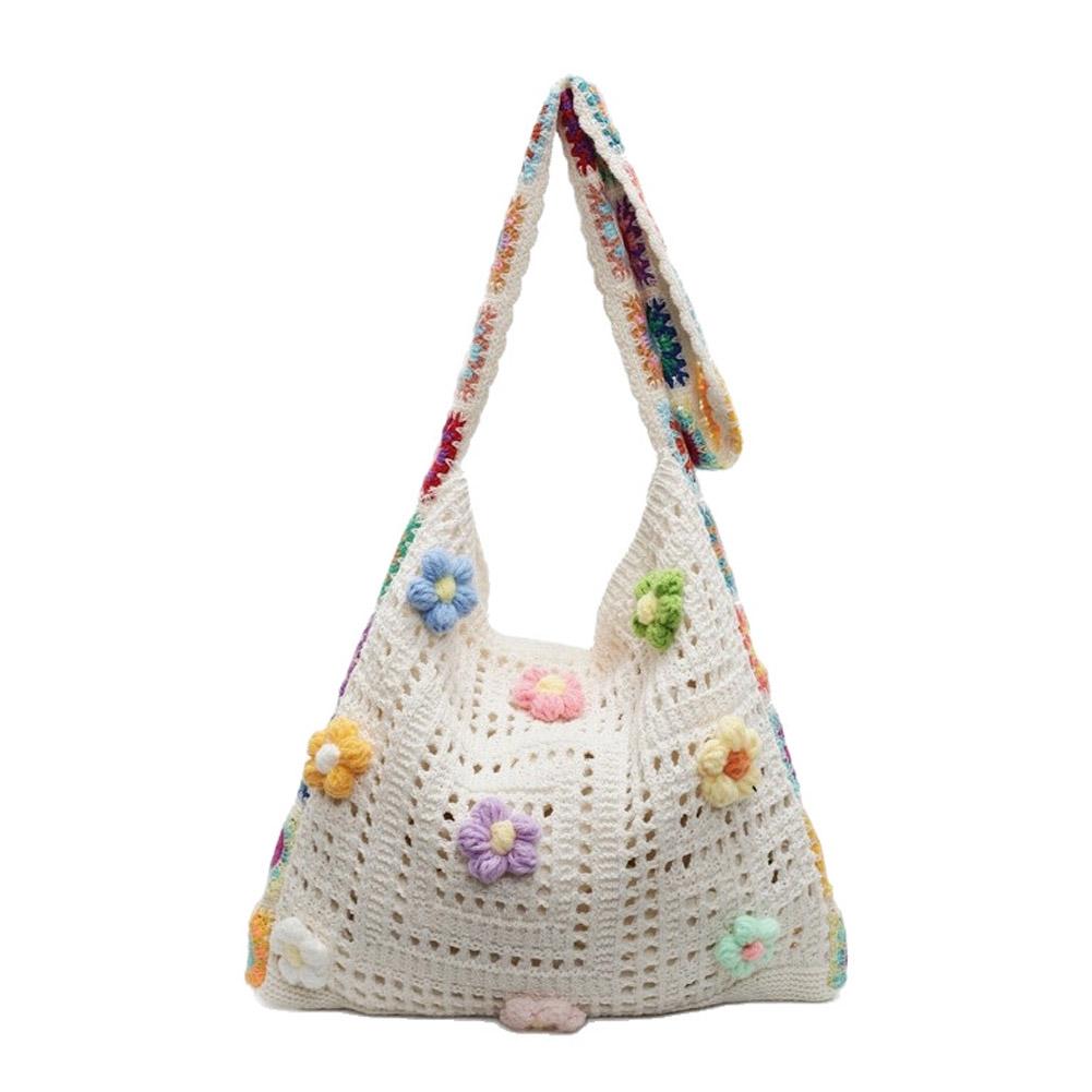 Casual Knitted Shoulder Bag Large Capacity Crochet Tote Bag Lovely Woven Shoulder Bag  Multicolor Cut-out Knitted Handbag