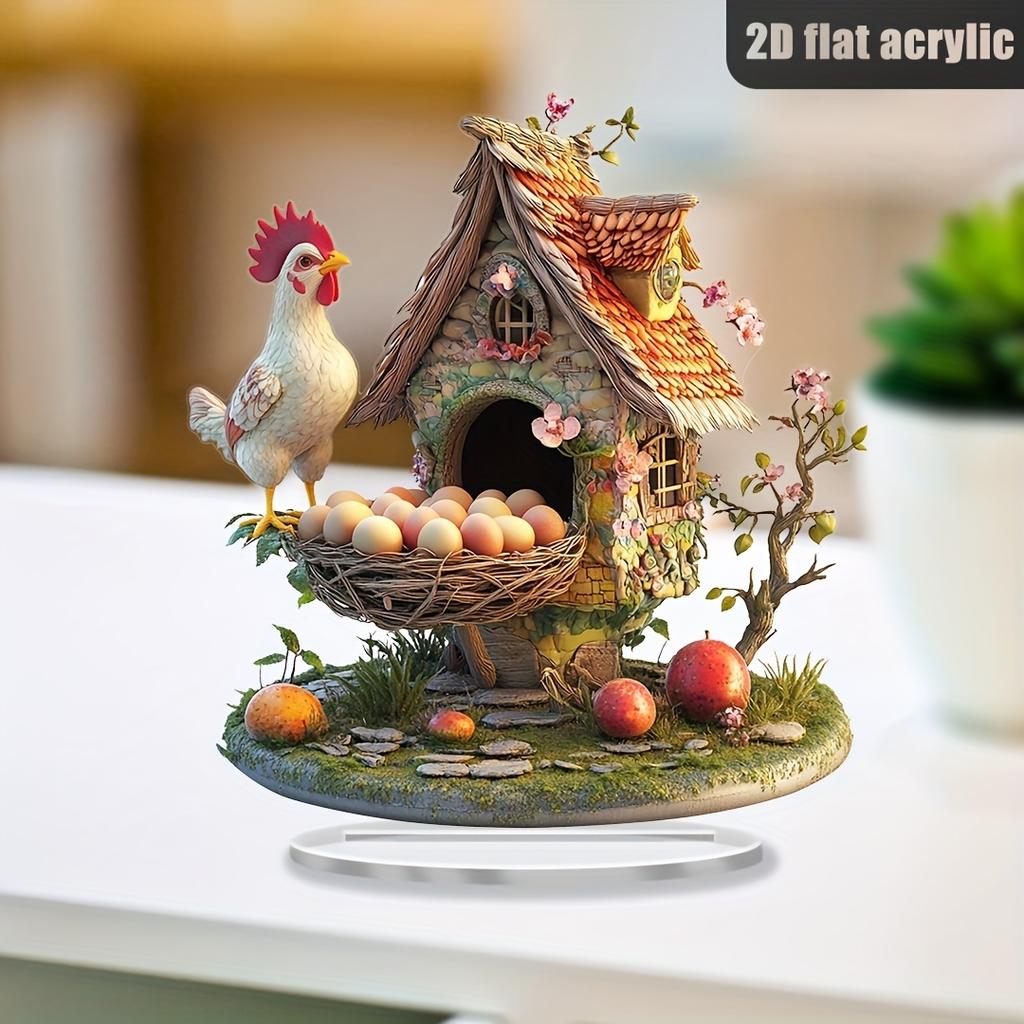 8in 2D Attractive Acrylic Colour Printing Chicken & Chicken Coop Desktop Decorations Home Office Studio Decoration Friends Gifts