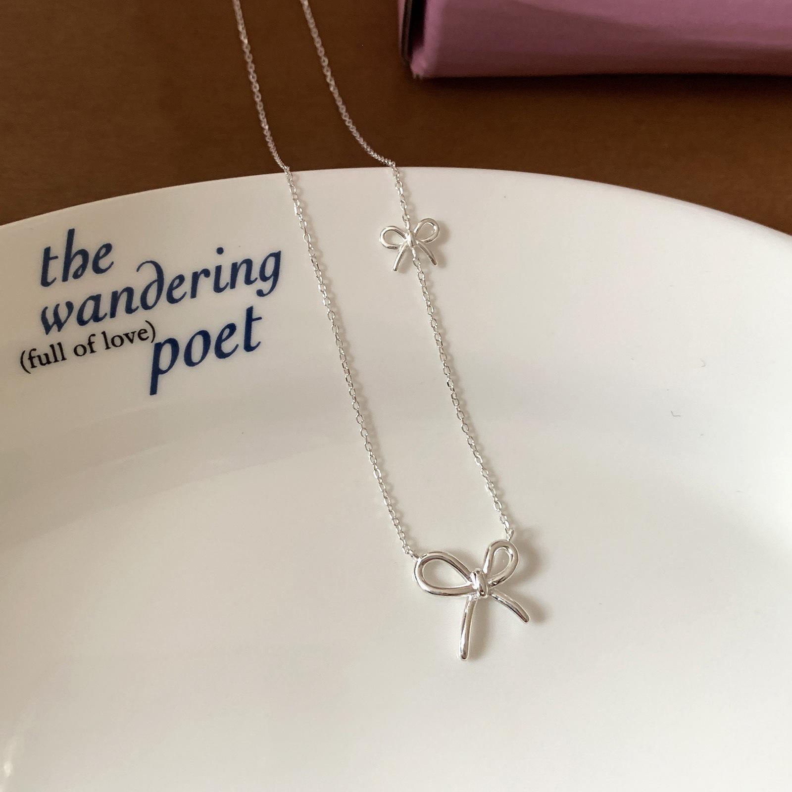 S925 Sterling Silver Girly Bow Heart Necklace - Simple, Elegant Clavicle Chain 925 Silver серебряный