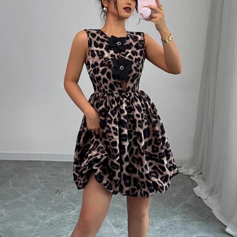 Women Leopard Print 3d Flower Decorated Sleeveless Loose Pleated Summer Dress