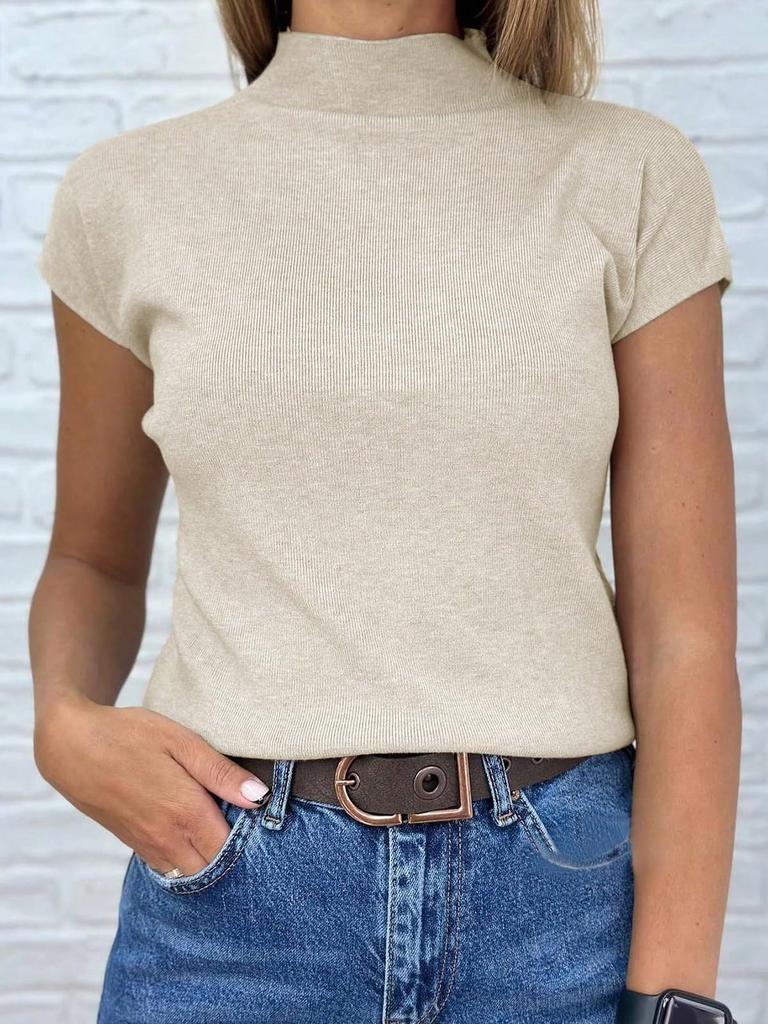 Women's Mock Neck Short Sleeve Knit Sweater Slim Fit Summer Casual Pullover Top