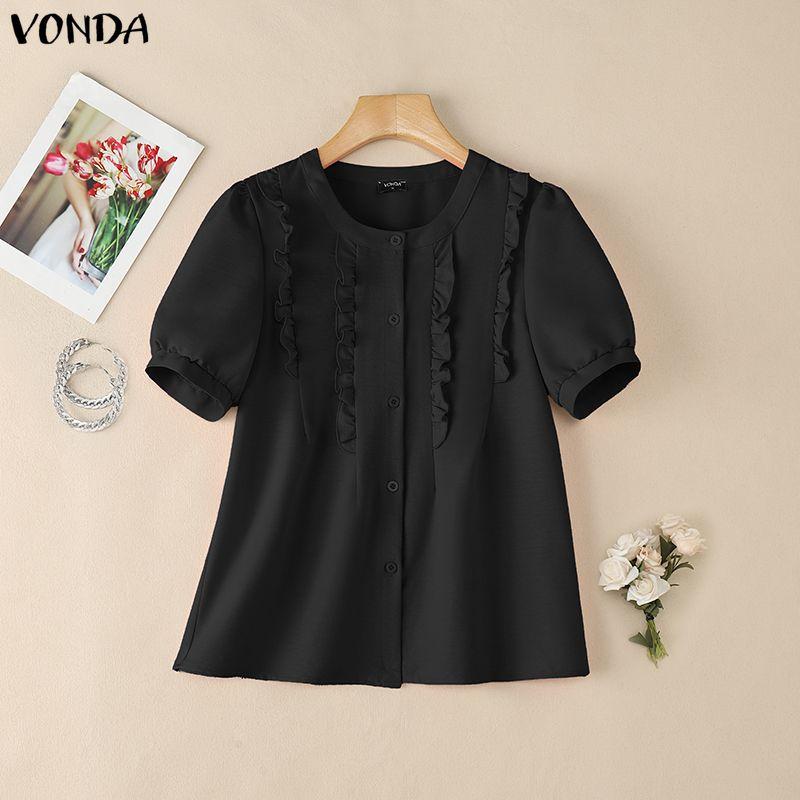 VONDA Women Casual O Neck Solid Color Summer Short Sleeve Blouse Tops S чёрный