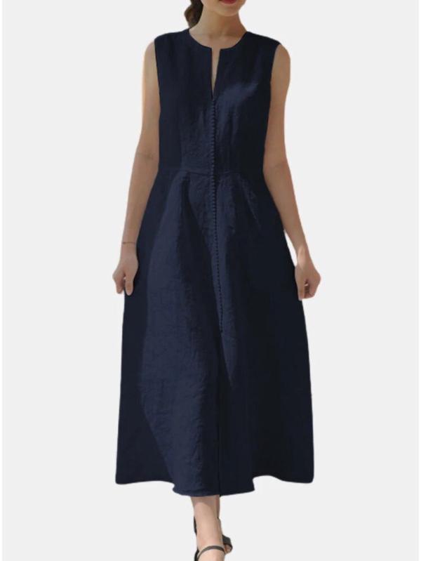 

Платье из хлопка и льна с V-образным вырезом, приталенное, без рукавов, с разрезом по подолу