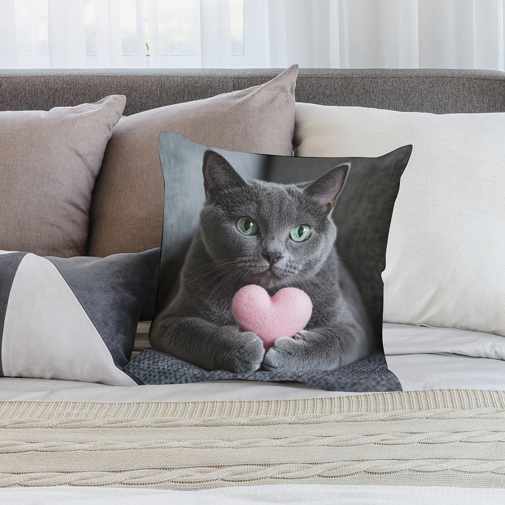 1 modern grey cat heart pillow cover, machine washable, polyester
