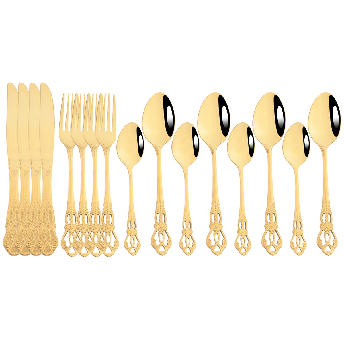 

16 шт. красочный набор столовой посуды, винтажная посуда из нержавеющей стали, нож для стейка, вилка, десертная ложка, набор столовых приборов, вечерние кухонные столовые приборы золотой