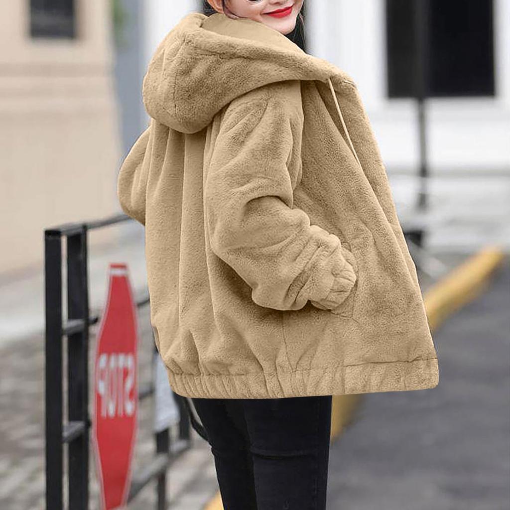 Plush Faux  Hooded Pocket Jacket For Women's Loose Plush Long Sleeved Women's Top