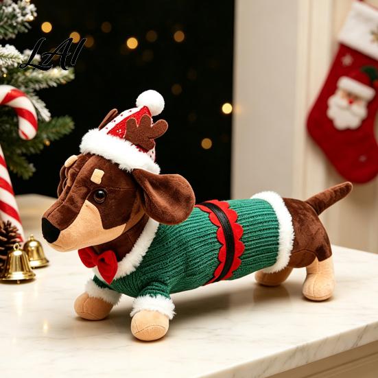 Holiday Themed Soft Toy Christmas Dachshund Plush Toy Cute Dog Stuffed Animal with Santa Hat Sweater Sweater Decor Ornament for Home Shelf Display,