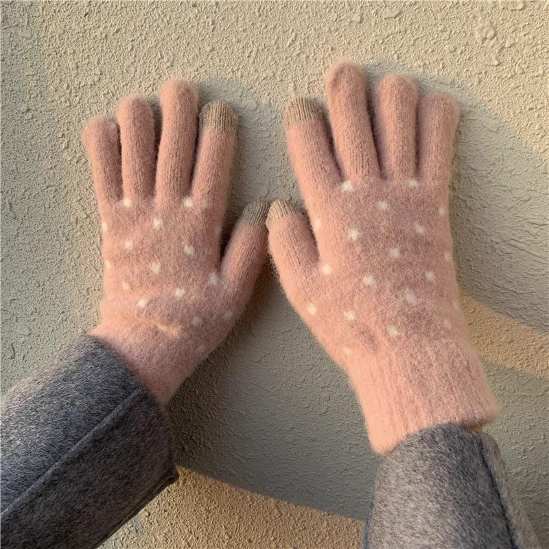 Cute Wool Gloves Knitted Korean Version of Diandian Warm and Plush Cycling Gloves Japanese Autumn and Winter Five-fingered Women