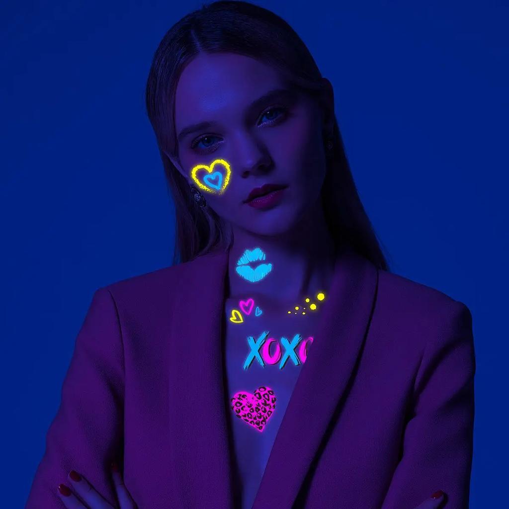 Luminous Temporary Tattoos Stickers Fluorescent Neon In Dark Illuminate Tattoo Elephant/Love Heart Shoulder Tattoo Party Sticker