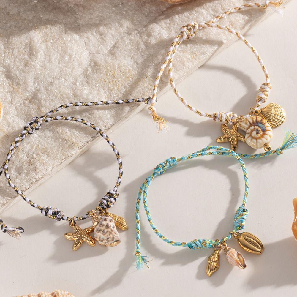 

Ocean Theme Shell Pendant Necklace Knotting Rope Collarbone Chain Charm Clavicle Chain Summer Bracelet-B