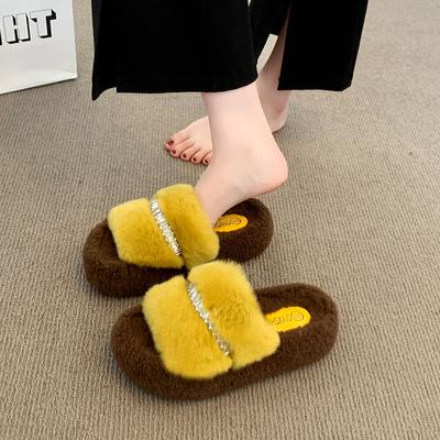 Rhinestone Lamb Wool Slippers Women's 2025 Autumn and Winter New Fashionable Versatile Muffin Thick Bottom Outer Wear One-word Cotton Mop