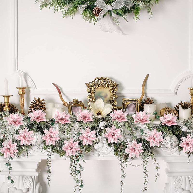 3/5/10Pcs 14.5cm Glitter Artifical Christmas Flowers Mreey Christmas Tree Decoration Happy New Year Ornaments Xmas 2025 Navidad