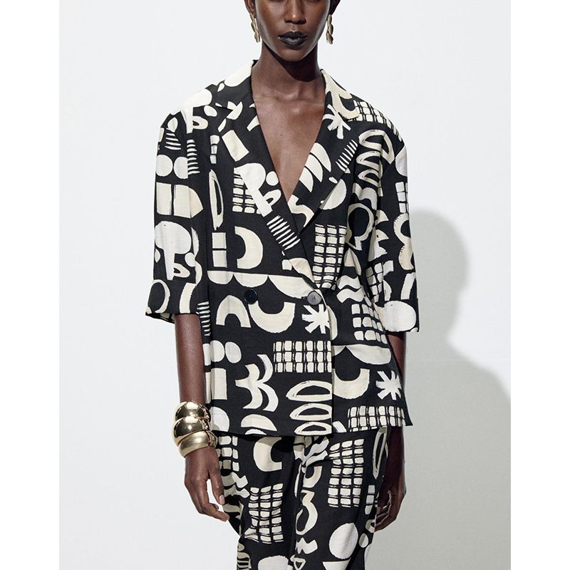 Watercolor Pattern Long Sleeves Lapel Suit Outwear 2664595 High Waist Vertical Straight-Leg Trousers 2662595