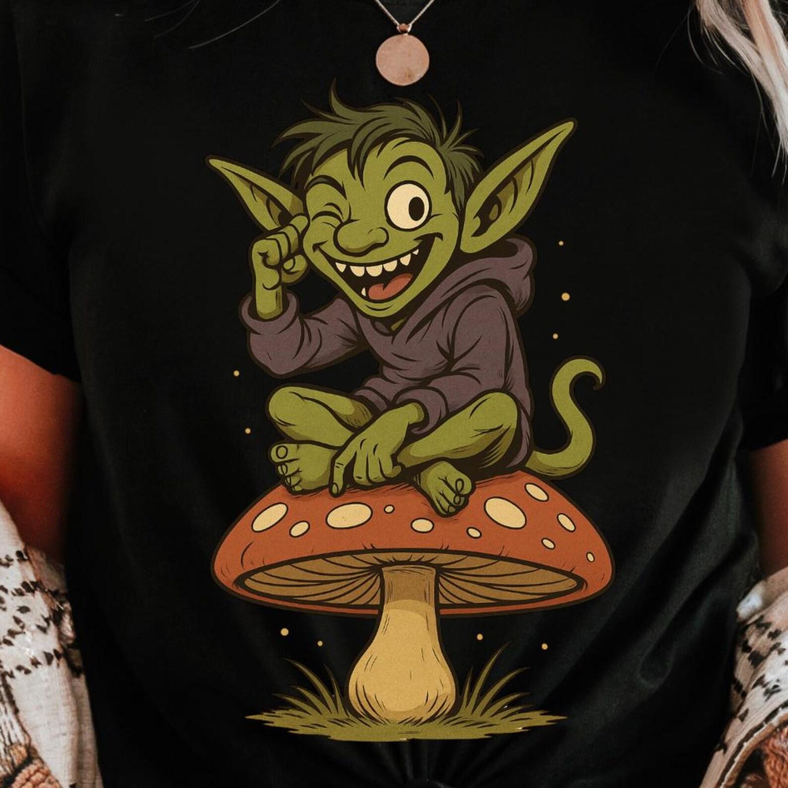 Mischievous Goblin on Toadstool T-Shirt | Fantasy Goblin Graphic Tee for Tabletop & RPG Gamers L