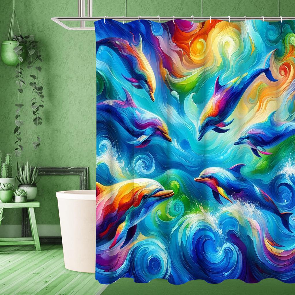 Painting style dolphin Pattern Bathing Curtain  Bathroom Shower Curtain Waterproof With 12 Hooks Home Deco Free Ship