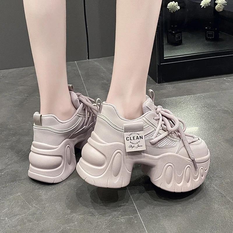 Mode Herbst Frühling Klobige Sneaker Damen Schnürer Plateau Sportschuhe Frau Goth Dicke Sohle Hohe Absätze Weiblich 8CM Keilsneaker
