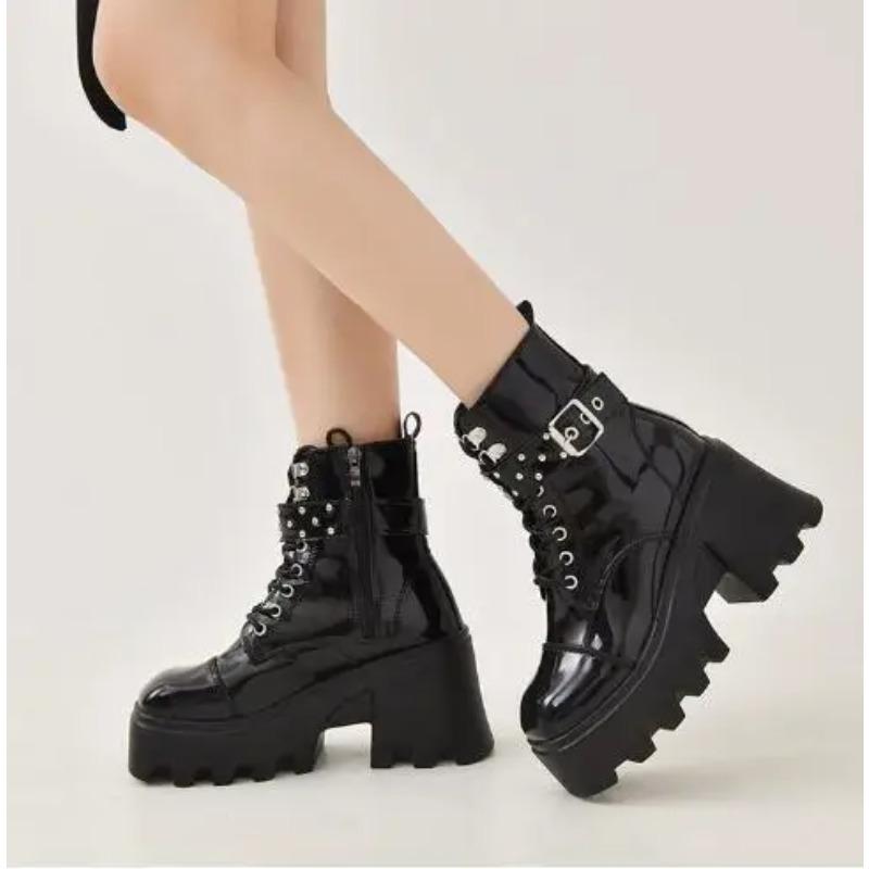 

Winter Large Lacquer Leather Black Boots Women s High Heels Sexy Chain Thick Heel Boots Punk Ankle Motorcycle Boots C1146 43