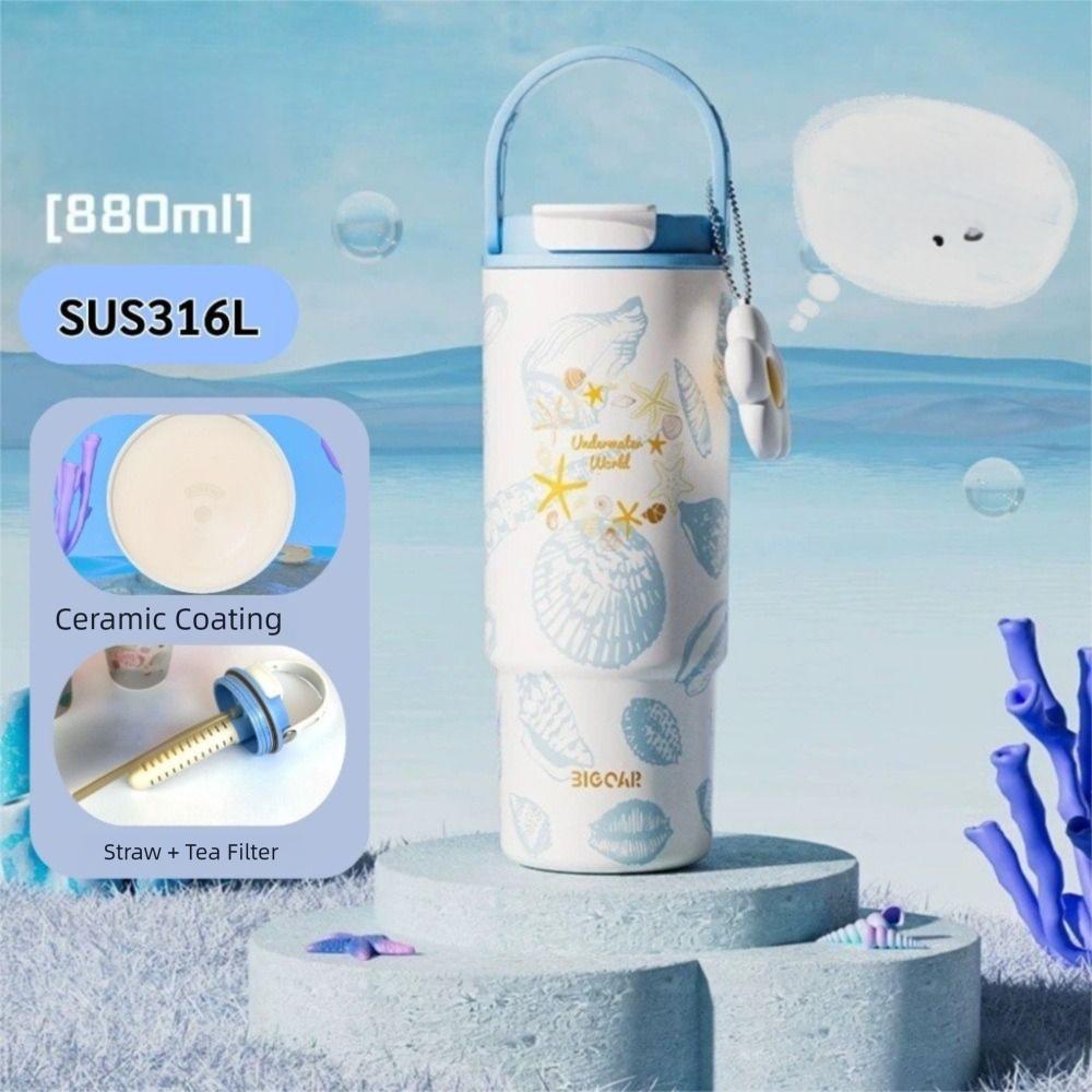 New 880ml Thermal Cup Ocean Pattern Large Capacity Vacuum Cup with Handle Ceramic Liner Insulated Cup Travel