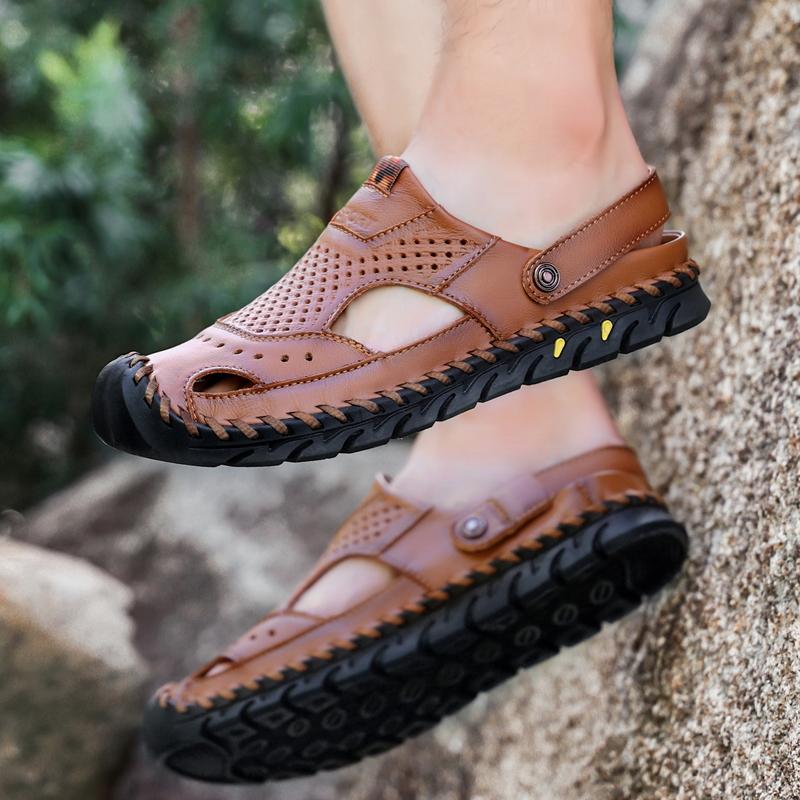 Sandales de randonnée pour hommes Sandales en cuir noir Sandales d'été d'extérieur Sandales romaines à bout large Marron Chaussures de plage Chaussures d'eau Grande taille