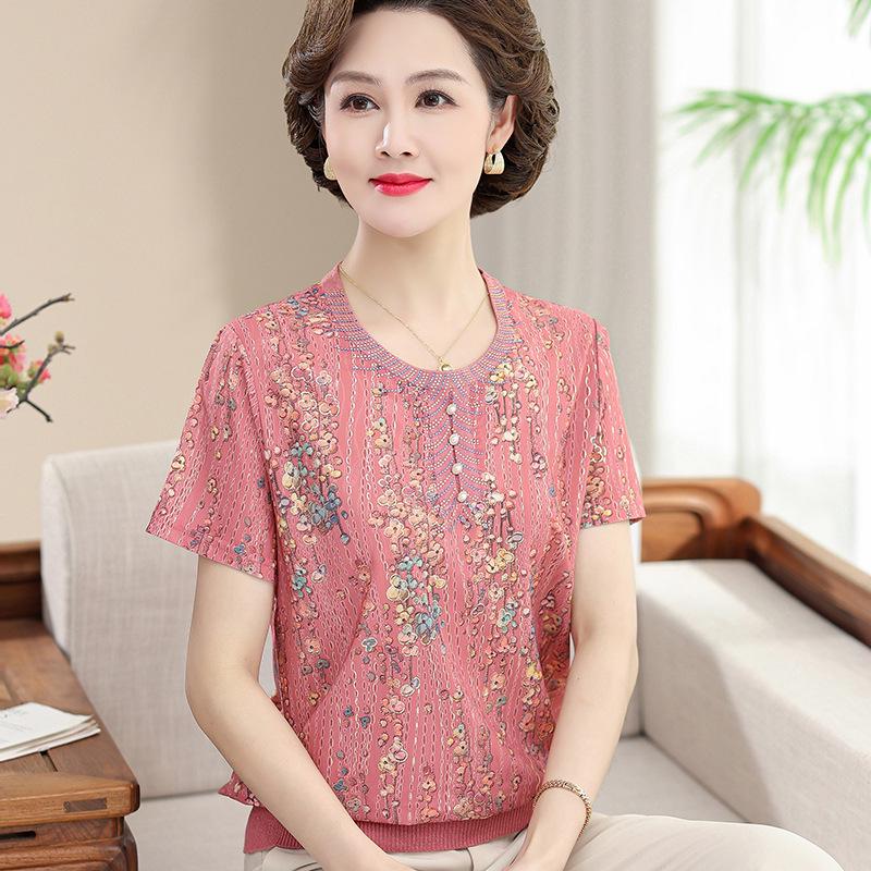 Stylish Chiffon Short-Sleeve Maternity Blouse for Middle-Aged Women 2XL (110-120 lbs) розовый