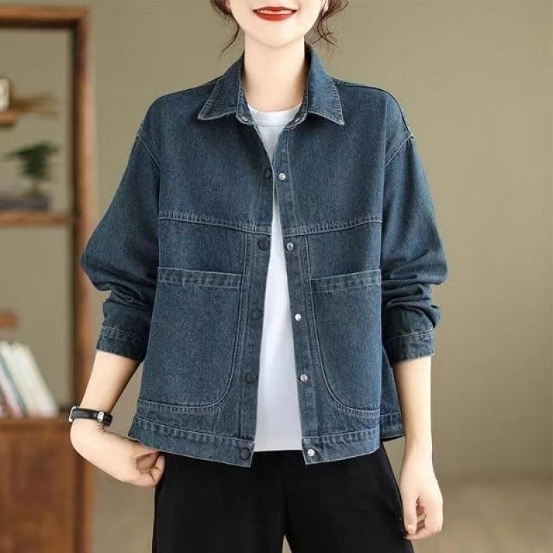 Women Casual Denim Jackets Autumn Vintage Style Turn-down Collar Loose Female Long Sleeve Jeans Coats