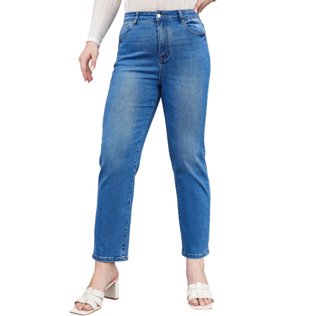 Women's Mid-Rise Stretch Jeans Fashion Straight Leg Denim Pants With Pockets