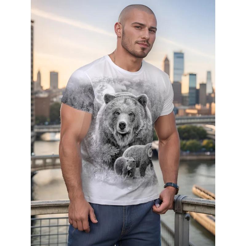 Summer Print 3D Loose Oversized Men's Bear Casual Trend Short Sleeved T-shirt Top