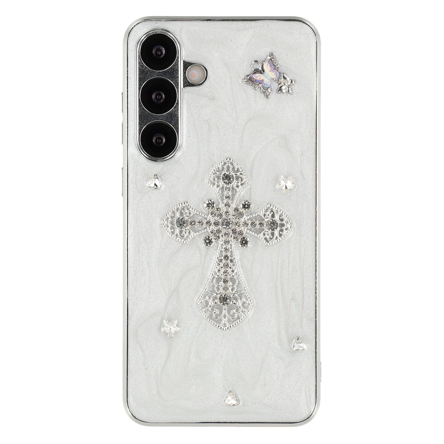 

For Samsung Galaxy S24 FE Case Electroplated Epoxy Metal Decor TPU+Acrylic Phone Cover Precise Cutouts Rhinestone Cross