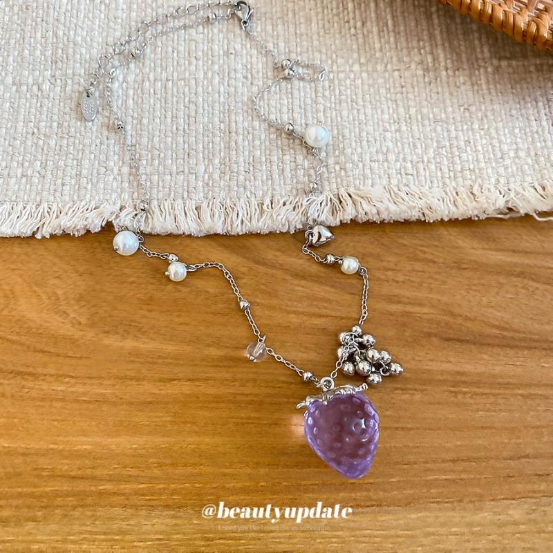 Sweet girl gradual change resin strawberry bow pearl earrings necklace set cute versatile dopamine jewelry