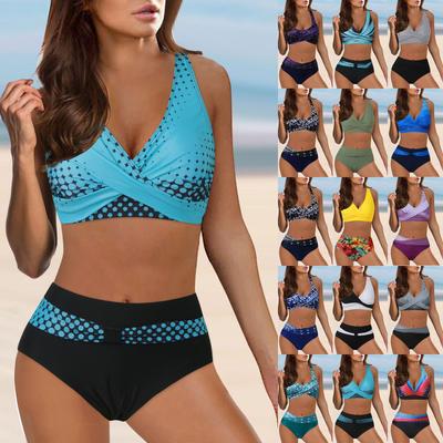 Damenmode-Bikini-Set mit hoher Taille, zweiteilig, Farbblock, Blumenmuster, Brust, Kreuz-Bikini-Badeanzug