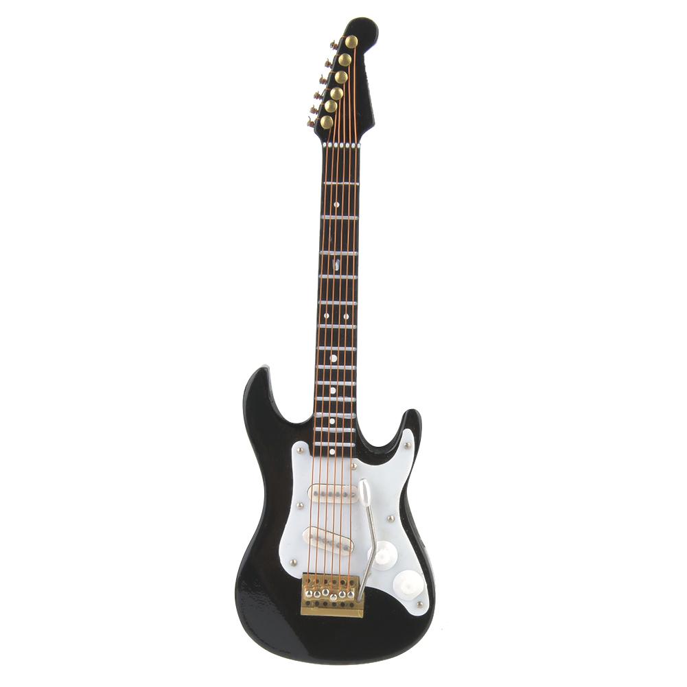 Delicate 14 cm Mini Wooden Electric Guitar Model Ornaments Collection with Stand(Black)