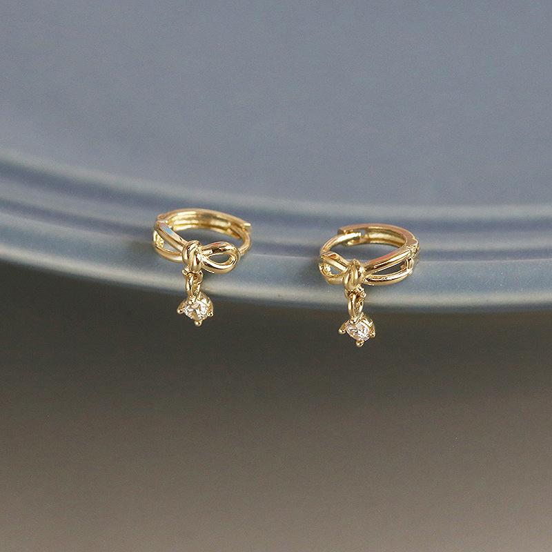 

925 Sterling Silver Korean Sweet Bow Zircon Pendant Earrings for Women High Quality Simple Party Jewelry Gold