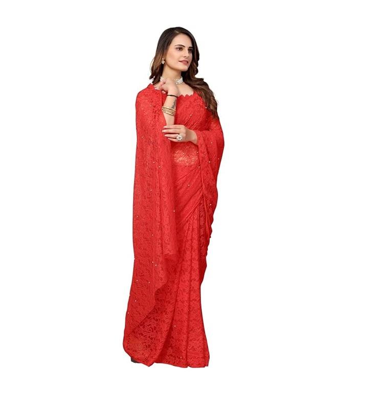 TreegoArt Fashion Women's Party Wear Floral Design Indian Saree Pearls Net Saree With Unstitched Blouse Piece