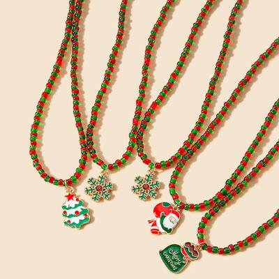 Christmas Color Matching Beads, Cartoon Santa Claus Wreath, Christmas Tree Oil Drip Necklace Accessories For Women