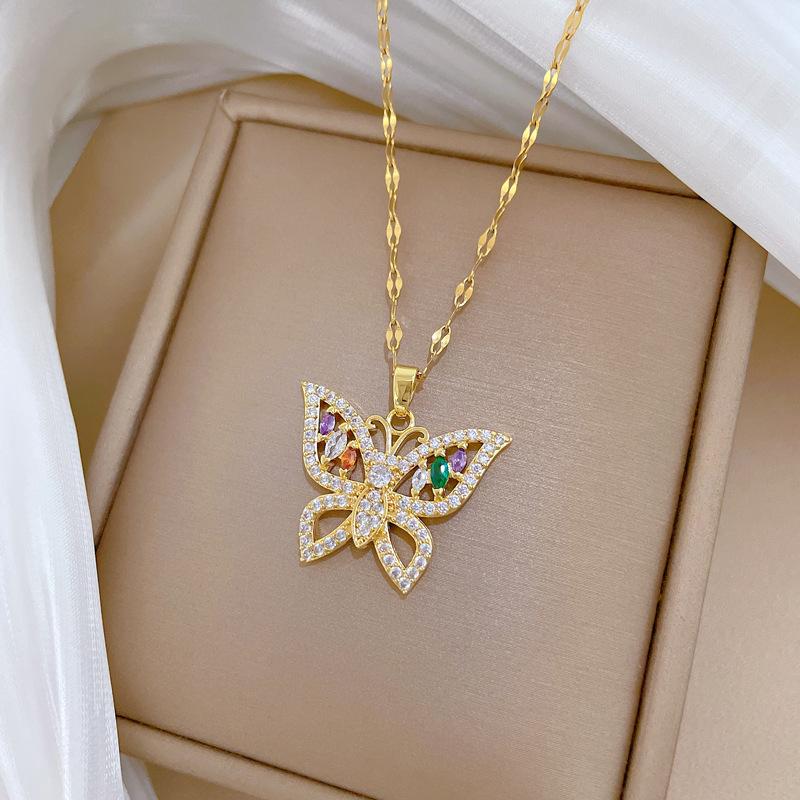Light Luxury Full Diamond Micro-Inlaid Zircon Heavy Industry Color Butterfly Necklace Copper Electroplated Real Gold Pendant