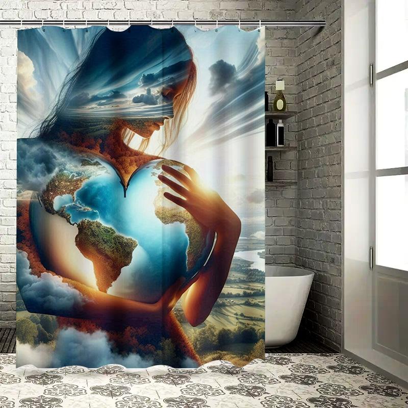 Ethereal Woman Embracing Earth Shower Curtain - Waterproof, Mildew-Resistant, Machine Washable For Inspirational Decor
